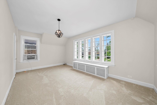 9209 S Hoyne Ave, Chicago, IL 60643 - unfurnished dining area featuring radiator, lofted ceiling, carpet flooring, a chandelier, and cooling unit