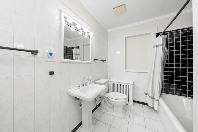 9209 S Hoyne Ave, Chicago, IL 60643 - full bathroom featuring radiator, tile walls, tile patterned floors, crown molding, and shower / tub combo
