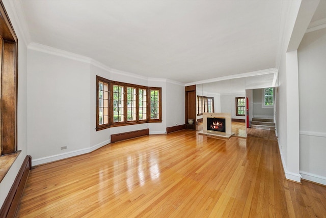 9209 S Hoyne Ave, Chicago, IL 60643 - unfurnished living room with light wood-style floors, baseboard heating, plenty of natural light, a warm lit fireplace, and ornamental molding
