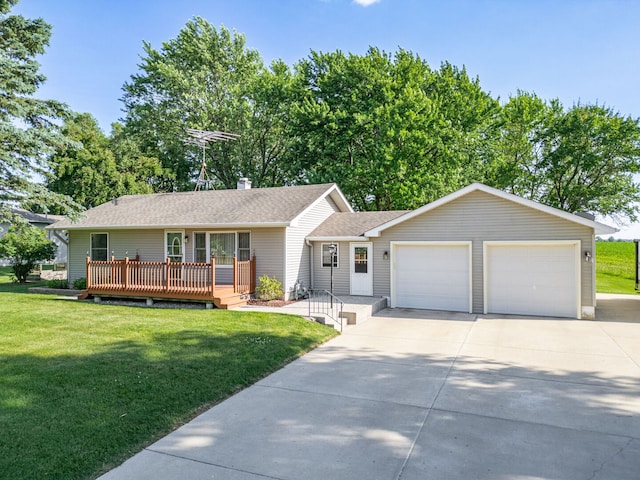 12501 Hebron Rd, Hebron, IL 60034 - ranch-style house featuring a garage, driveway, a front yard, a deck, and roof with shingles