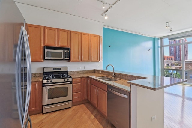 1819 S Michigan Ave Unit 406, Chicago, IL 60616 - kitchen featuring stainless steel appliances, rail lighting, light wood-style flooring, a peninsula, and expansive windows
