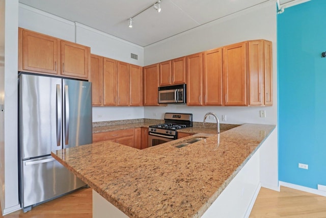 1819 S Michigan Ave Unit 406, Chicago, IL 60616 - kitchen featuring stainless steel appliances, light wood-style flooring, a peninsula, light stone countertops, and rail lighting