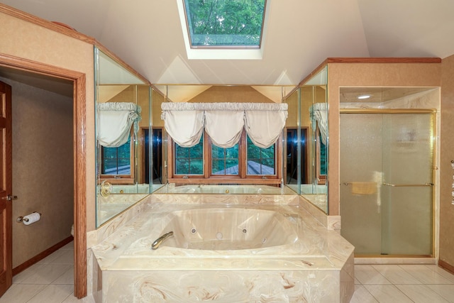 1315 Keim Trl, Saint Charles, IL 60174 - full bathroom with a skylight, tile patterned floors, a shower stall, a tub with jets, and vaulted ceiling