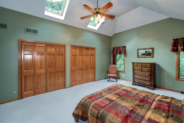 1315 Keim Trl, Saint Charles, IL 60174 - bedroom with a skylight, high vaulted ceiling, carpet, multiple closets, and a ceiling fan