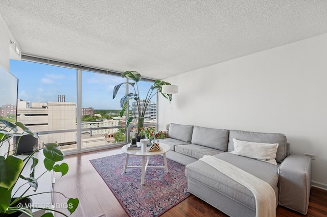 800 Elgin Rd Unit 1316, Evanston, IL 60201 - living area with wood finished floors, a textured ceiling, a city view, and expansive windows
