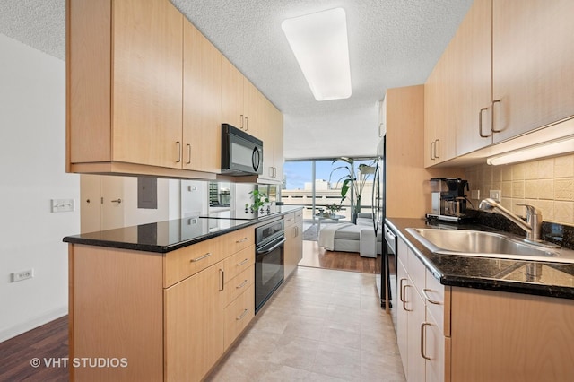 800 Elgin Rd Unit 1316, Evanston, IL 60201 - kitchen with light brown cabinets, black appliances, a textured ceiling, tasteful backsplash, and floor to ceiling windows