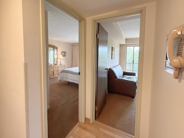 8025 Woodglen Ln Unit 307, Downers Grove, IL 60516 - hallway featuring a textured ceiling, light colored carpet, and light wood-style flooring