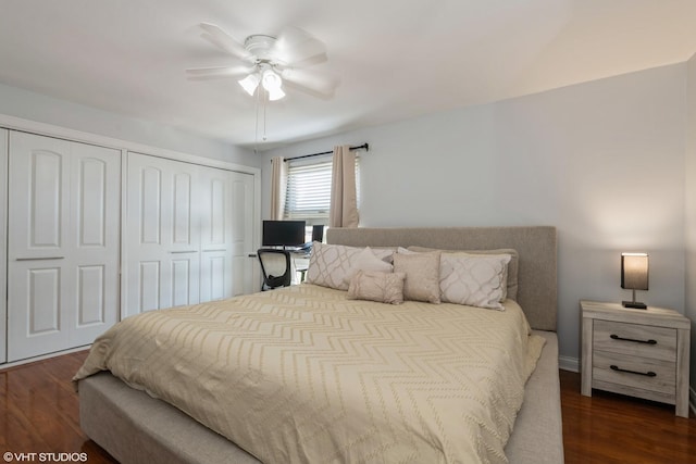 7227 W Higgins Ave Unit 404, Chicago, IL 60656 - bedroom featuring dark wood-style floors, a closet, and a ceiling fan
