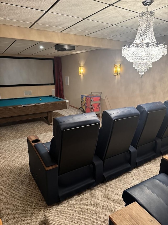 301 W Eagle Ct, Waukegan, IL 60087 - home theater featuring carpet, billiards, and a chandelier