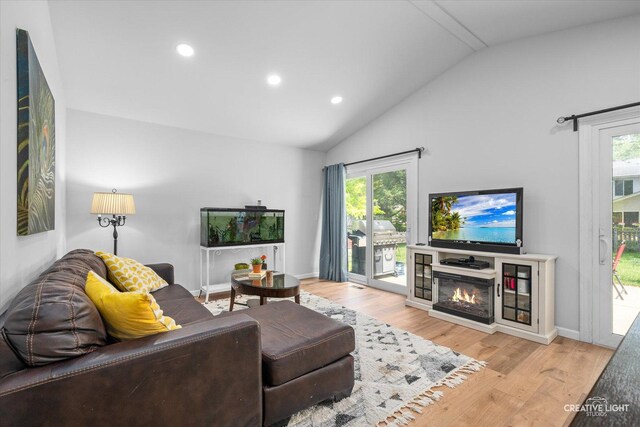 2945 Worcester Ln, Aurora, IL 60504 - living room with lofted ceiling, wood finished floors, recessed lighting, and a glass covered fireplace