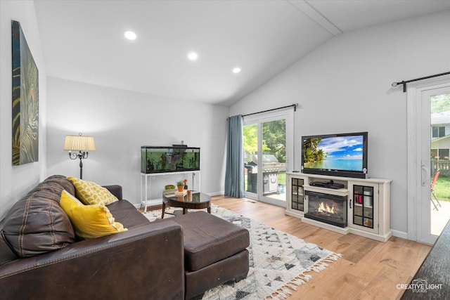 2945 Worcester Ln, Aurora, IL 60504 - living room with lofted ceiling, wood finished floors, recessed lighting, and a glass covered fireplace