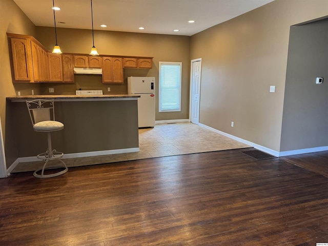 1422 N 3rd, Quincy, IL 62301 - kitchen featuring freestanding refrigerator, under cabinet range hood, wood finished floors, a peninsula, and pendant lighting