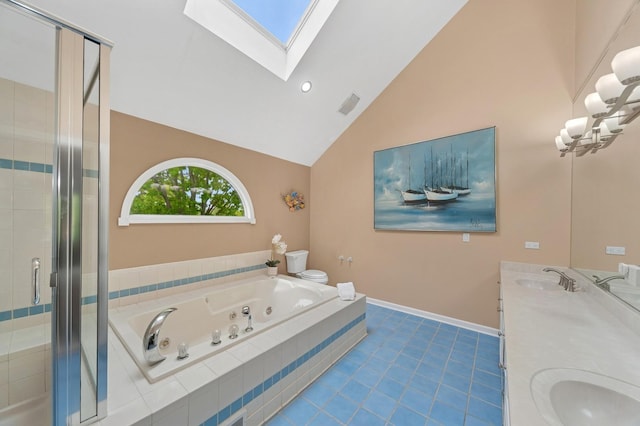 21705 W Hilandale Ct, Kildeer, IL 60047 - bathroom featuring a skylight, a tub with jets, double vanity, a shower stall, and vaulted ceiling