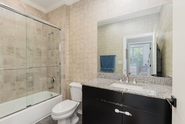 1825 N Winnebago Ave Unit 101, Chicago, IL 60647 - full bathroom with crown molding, vanity, bath / shower combo with glass door, and tile walls