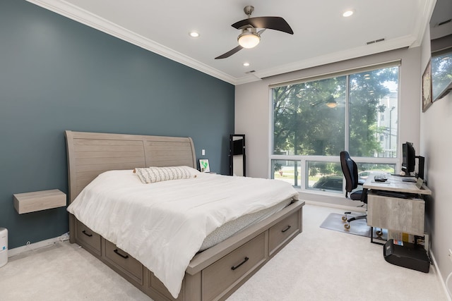 1825 N Winnebago Ave Unit 101, Chicago, IL 60647 - bedroom with light colored carpet, a desk, multiple windows, crown molding, and recessed lighting