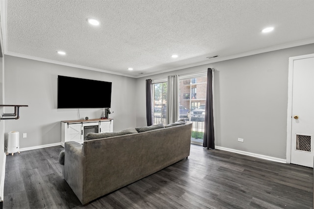 10622 Parkside Ave Unit 103, Chicago Ridge, IL 60415 - living room featuring a textured ceiling, ornamental molding, recessed lighting, and dark wood-style flooring
