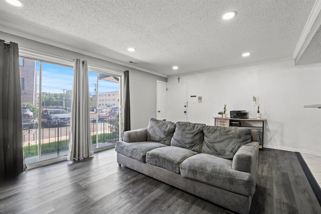 10622 Parkside Ave Unit 103, Chicago Ridge, IL 60415 - living room featuring a textured ceiling, wood finished floors, recessed lighting, crown molding, and a desk