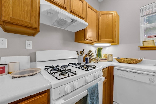 611 W White St, Champaign, IL 61820 - kitchen with white appliances, exhaust hood, and light countertops