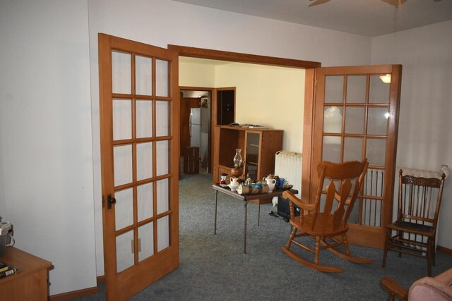 207 State St, Benson, IL 61516 - living area with carpet floors, radiator heating unit, and ceiling fan