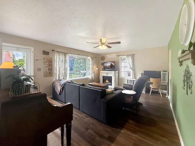 1639 S Highland Ave, Freeport, IL 61032 - living room with dark wood finished floors, healthy amount of natural light, a ceiling fan, and a warm lit fireplace