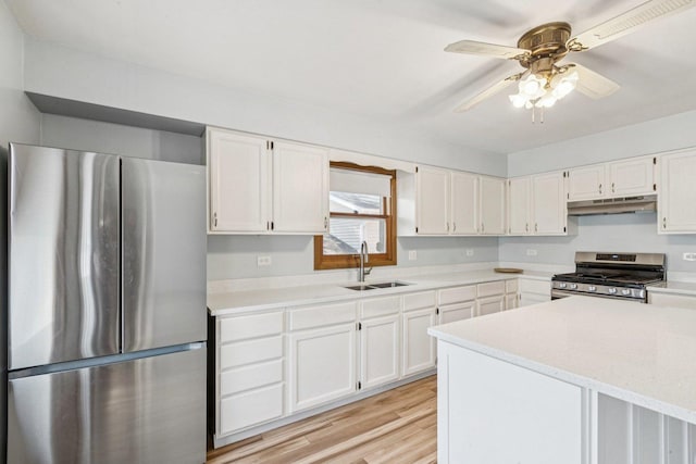 1228 N Lake Shore Dr, Round Lake Beach, IL 60073 - kitchen with appliances with stainless steel finishes, under cabinet range hood, white cabinets, and ceiling fan