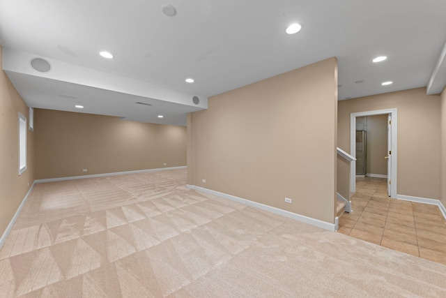 609 Spruce Ct, Oswego, IL 60543 - empty room featuring light colored carpet, recessed lighting, and stairway