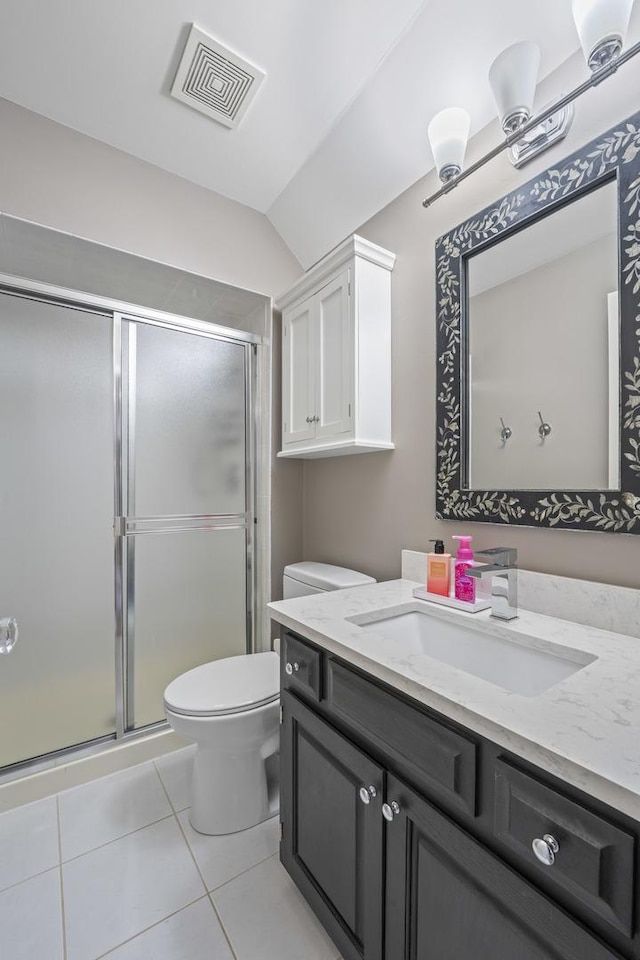 10900 Beth Dr, Orland Park, IL 60467 - bathroom featuring vanity, tile patterned floors, a shower stall, and lofted ceiling