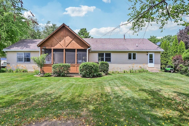 6180 Elm St, Union, IL 60180 - rear view of house featuring entry steps, a yard, a sunroom, and roof with shingles