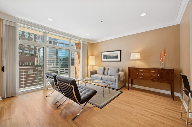 415 E N Water St Unit 806, Chicago, IL 60611 - living area with ornamental molding, light wood finished floors, expansive windows, and recessed lighting