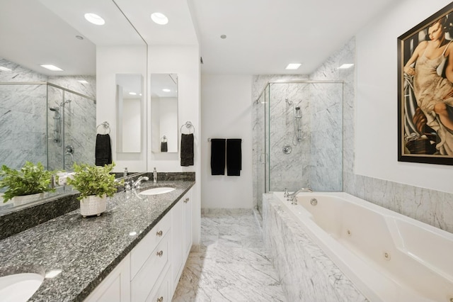 415 E N Water St Unit 806, Chicago, IL 60611 - full bathroom with a marble finish shower, a jetted tub, double vanity, and marble finish floors