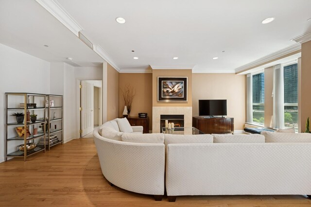 415 E N Water St Unit 806, Chicago, IL 60611 - living area featuring ornamental molding, light wood finished floors, a lit fireplace, and recessed lighting