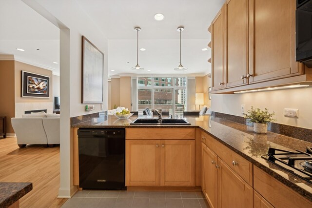 415 E N Water St Unit 806, Chicago, IL 60611 - kitchen with black dishwasher, gas stovetop, crown molding, dark stone counters, and hanging light fixtures