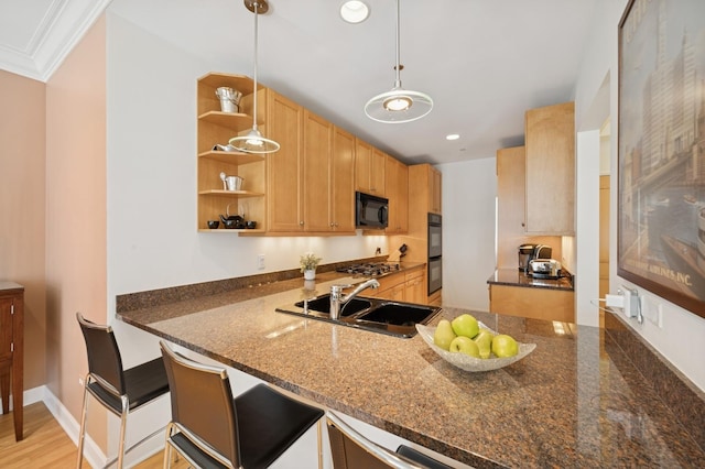 415 E N Water St Unit 806, Chicago, IL 60611 - kitchen with black appliances, dark stone countertops, open shelves, pendant lighting, and a peninsula