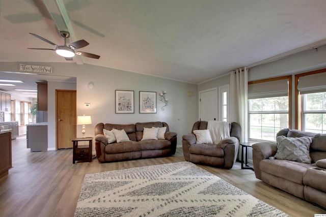 701 Dudley St, Liberty, IL 62347 - living area with lofted ceiling, light wood finished floors, ceiling fan, and crown molding