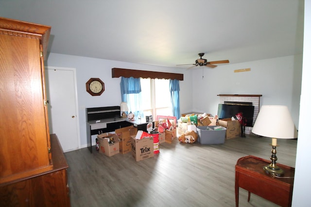 9682 Orr Ln, Winnebago, IL 61088 - living room featuring wood finished floors, a ceiling fan, and a fireplace