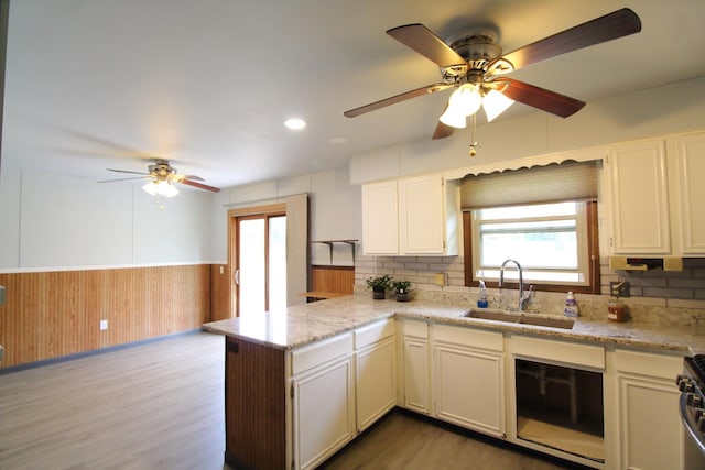 9682 Orr Ln, Winnebago, IL 61088 - kitchen featuring ceiling fan, a peninsula, healthy amount of natural light, a wainscoted wall, and wood finished floors