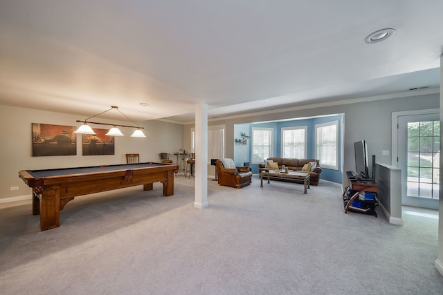 624 Pottawatomie Trl, Batavia, IL 60510 - playroom with carpet floors, crown molding, pool table, and recessed lighting