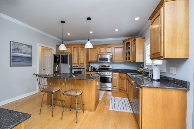 624 Pottawatomie Trl, Batavia, IL 60510 - kitchen featuring stainless steel appliances, brown cabinetry, a breakfast bar, light wood-type flooring, and ornamental molding
