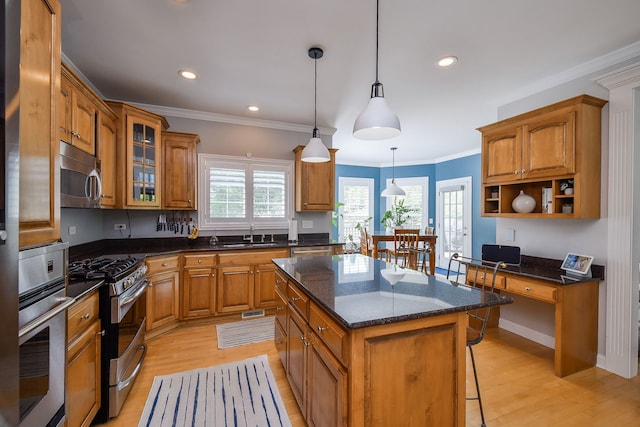 624 Pottawatomie Trl, Batavia, IL 60510 - kitchen featuring stainless steel appliances, open shelves, brown cabinets, a kitchen bar, and crown molding