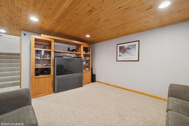 1407 N Dunton Ave, Arlington Heights, IL 60004 - carpeted living room with stairs, recessed lighting, and wood ceiling