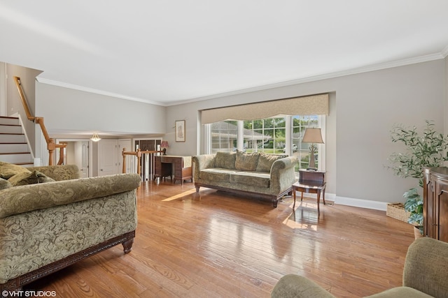 1407 N Dunton Ave, Arlington Heights, IL 60004 - living room featuring crown molding, wood finished floors, and stairs