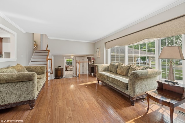 1407 N Dunton Ave, Arlington Heights, IL 60004 - living area featuring wood finished floors, stairway, and crown molding