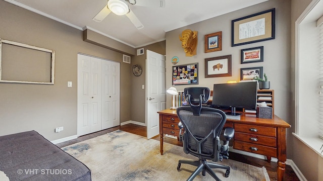 4550 N Malden St Unit 1W, Chicago, IL 60640 - office with wood finished floors, a ceiling fan, and ornamental molding