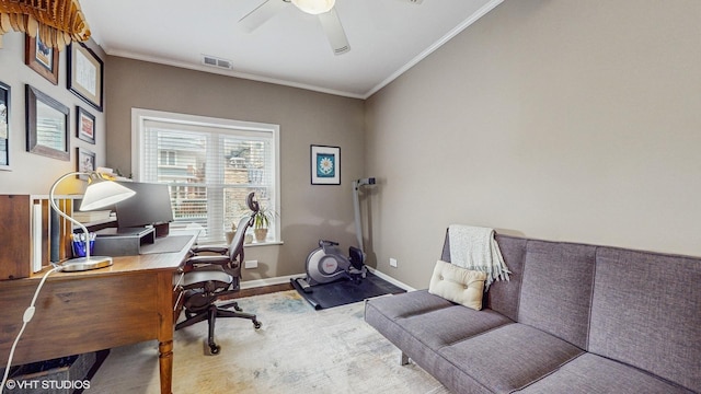 4550 N Malden St Unit 1W, Chicago, IL 60640 - office area with wood finished floors, crown molding, and ceiling fan