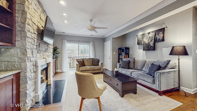 4550 N Malden St Unit 1W, Chicago, IL 60640 - living room with ceiling fan, crown molding, light wood-type flooring, a fireplace, and recessed lighting