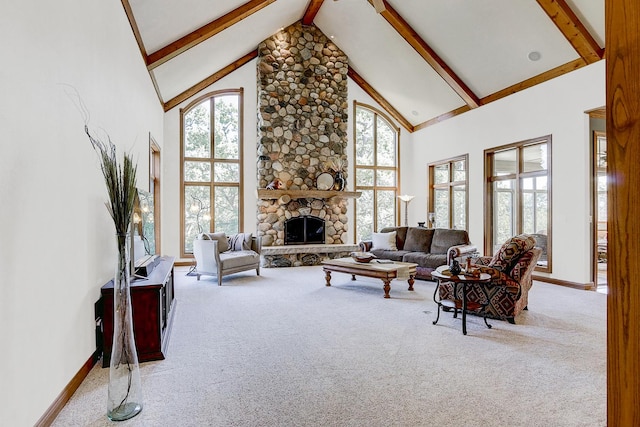 42720 N Converse Rd, Antioch, IL 60002 - living room with high vaulted ceiling, carpet, beam ceiling, and a fireplace