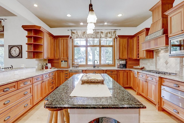 42720 N Converse Rd, Antioch, IL 60002 - kitchen featuring open shelves, a warming drawer, appliances with stainless steel finishes, decorative backsplash, and recessed lighting
