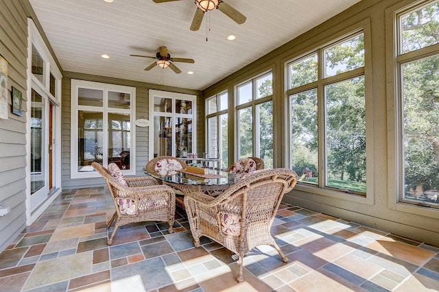 42720 N Converse Rd, Antioch, IL 60002 - sunroom / solarium with ceiling fan, wood ceiling, recessed lighting, and stone tile floors