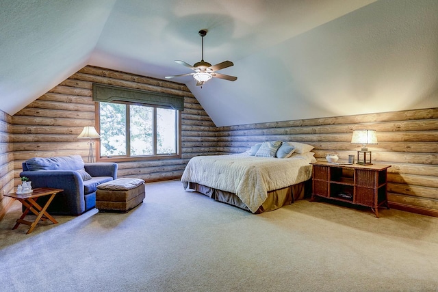 42720 N Converse Rd, Antioch, IL 60002 - carpeted bedroom featuring log walls, lofted ceiling, and a ceiling fan