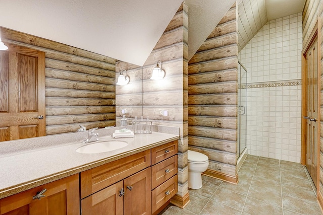 42720 N Converse Rd, Antioch, IL 60002 - bathroom with log walls, vanity, a shower stall, lofted ceiling, and tile patterned flooring